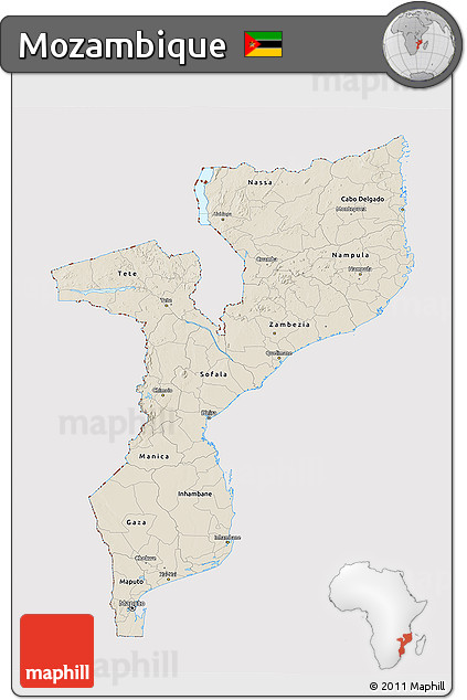 Shaded Relief 3D Map of Mozambique, cropped outside