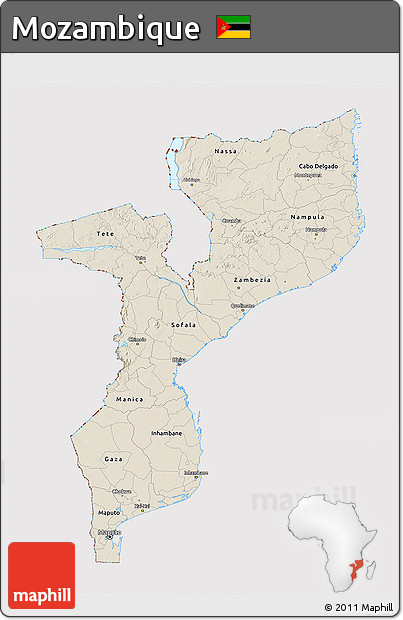 Shaded Relief 3D Map of Mozambique, cropped outside