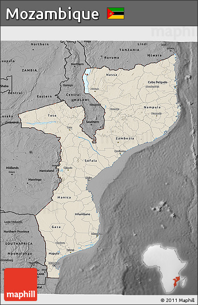 Shaded Relief 3D Map of Mozambique, darken, desaturated