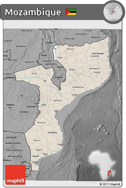 Shaded Relief 3D Map of Mozambique, darken, desaturated