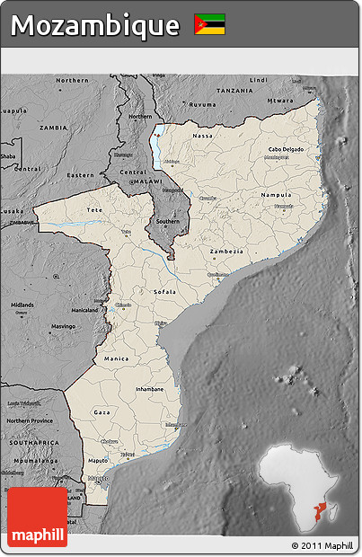 Shaded Relief 3D Map of Mozambique, darken, desaturated