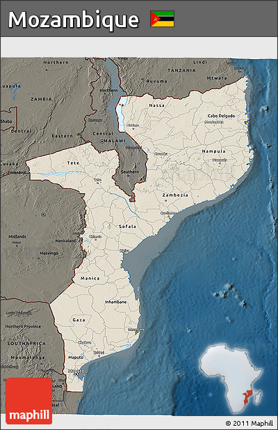 Shaded Relief 3D Map of Mozambique, darken