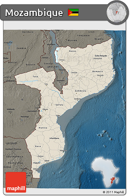 Shaded Relief 3D Map of Mozambique, darken
