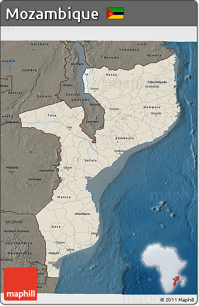 Shaded Relief 3D Map of Mozambique, darken