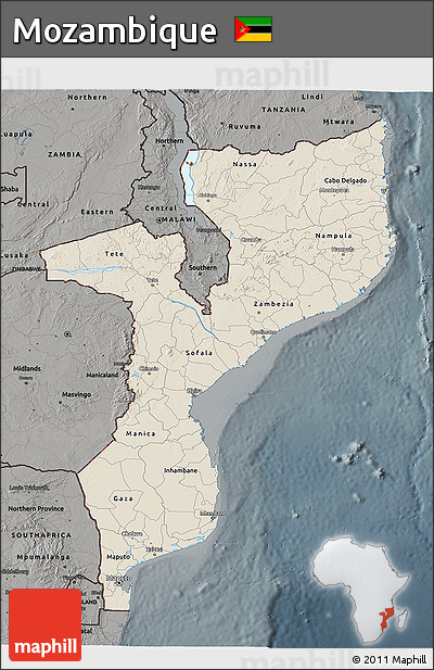 Shaded Relief 3D Map of Mozambique, darken, semi-desaturated
