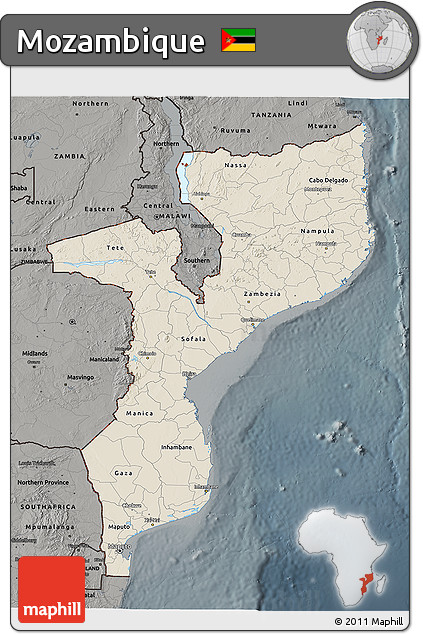 Shaded Relief 3D Map of Mozambique, darken, semi-desaturated