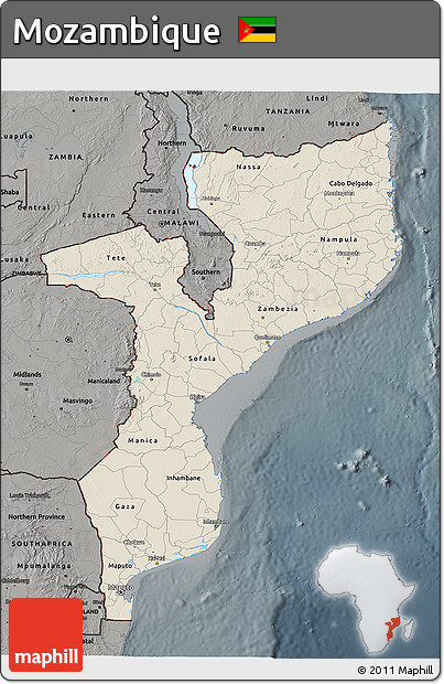 Shaded Relief 3D Map of Mozambique, darken, semi-desaturated