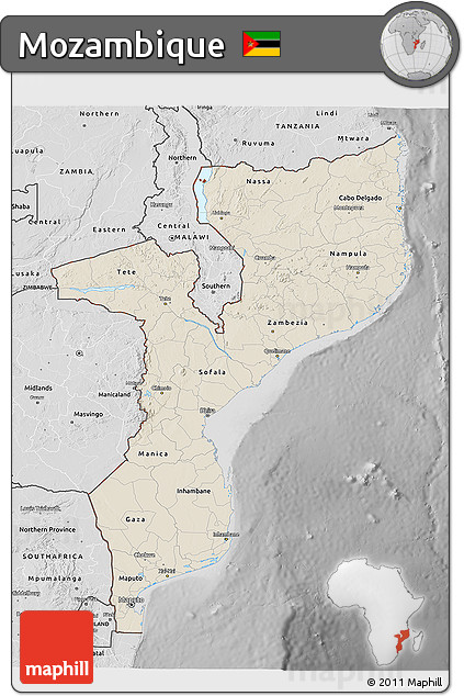 Shaded Relief 3D Map of Mozambique, desaturated