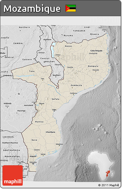 Shaded Relief 3D Map of Mozambique, desaturated