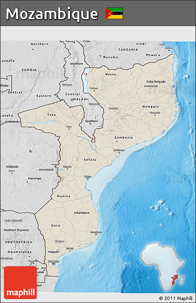Shaded Relief 3D Map of Mozambique, desaturated, land only