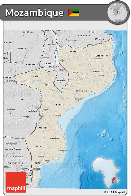 Shaded Relief 3D Map of Mozambique, desaturated, land only
