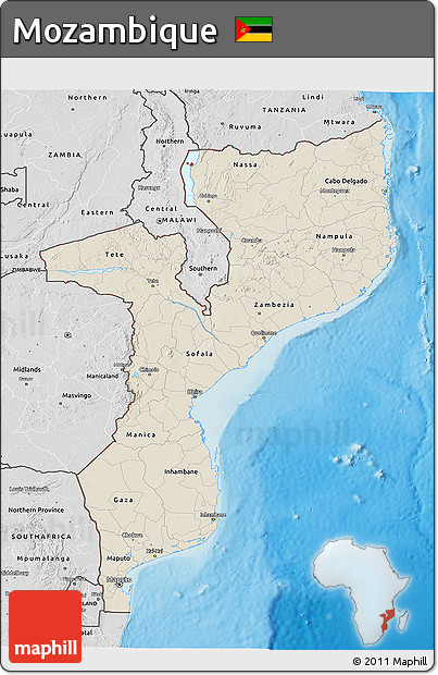 Shaded Relief 3D Map of Mozambique, desaturated, land only