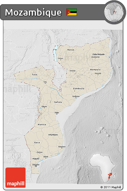 Shaded Relief 3D Map of Mozambique, lighten, desaturated