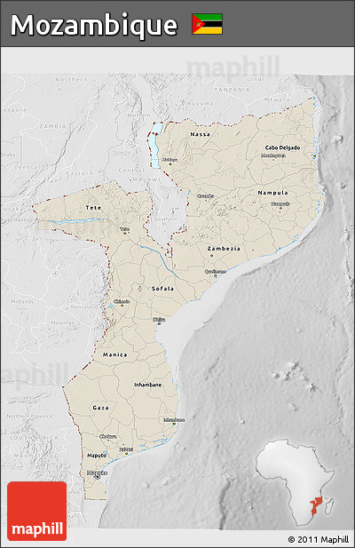 Shaded Relief 3D Map of Mozambique, lighten, desaturated