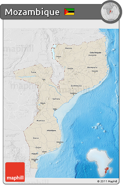 Shaded Relief 3D Map of Mozambique, lighten, desaturated, land only