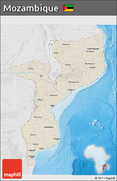 Shaded Relief 3D Map of Mozambique, lighten, desaturated, land only