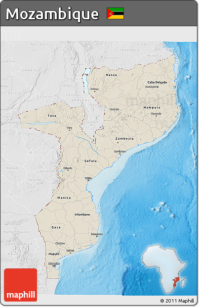Shaded Relief 3D Map of Mozambique, lighten, desaturated, land only