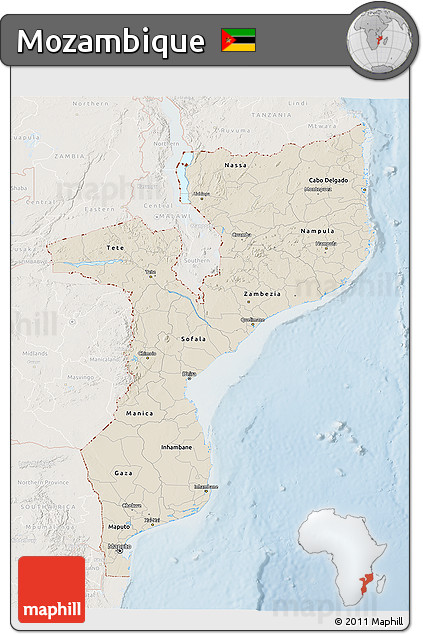 Shaded Relief 3D Map of Mozambique, lighten