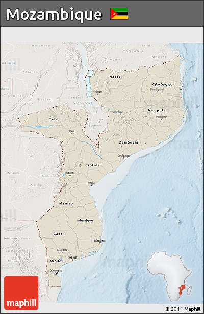 Shaded Relief 3D Map of Mozambique, lighten
