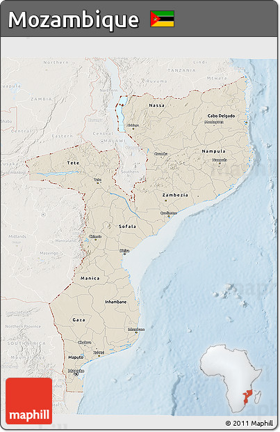 Shaded Relief 3D Map of Mozambique, lighten