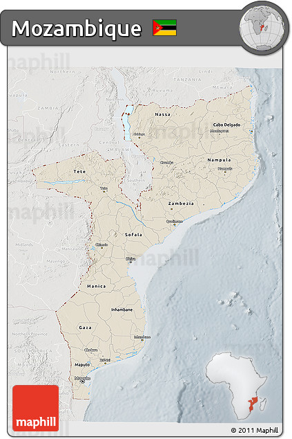 Shaded Relief 3D Map of Mozambique, lighten, semi-desaturated