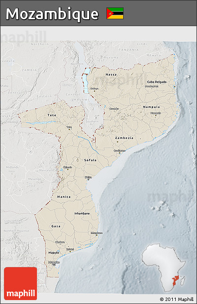 Shaded Relief 3D Map of Mozambique, lighten, semi-desaturated