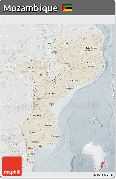 Shaded Relief 3D Map of Mozambique, lighten, semi-desaturated