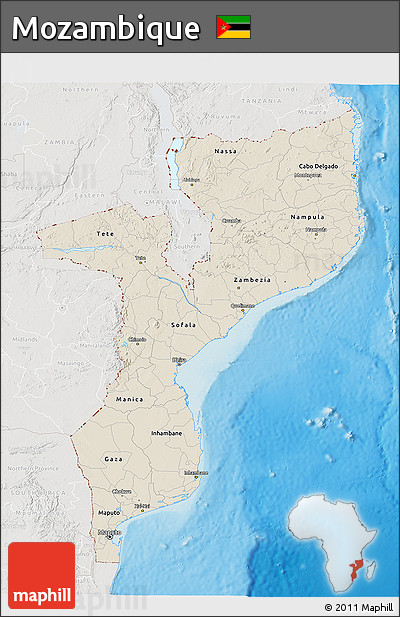 Shaded Relief 3D Map of Mozambique, lighten, semi-desaturated, land only