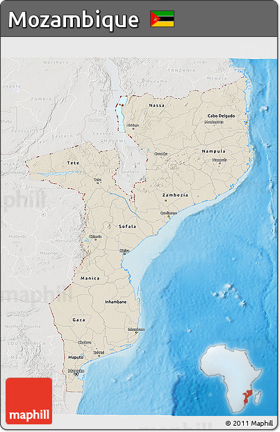 Shaded Relief 3D Map of Mozambique, lighten, semi-desaturated, land only