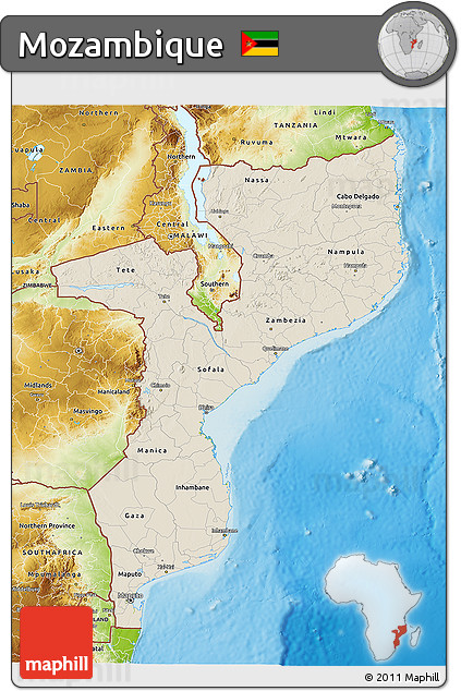 Shaded Relief 3D Map of Mozambique, physical outside