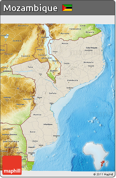 Shaded Relief 3D Map of Mozambique, physical outside