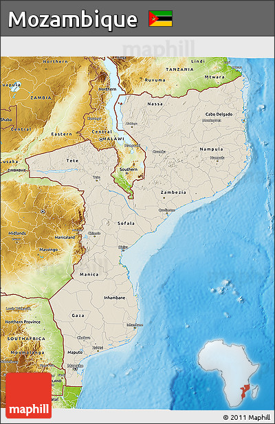 Shaded Relief 3D Map of Mozambique, physical outside
