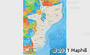 Shaded Relief 3D Map of Mozambique, political outside