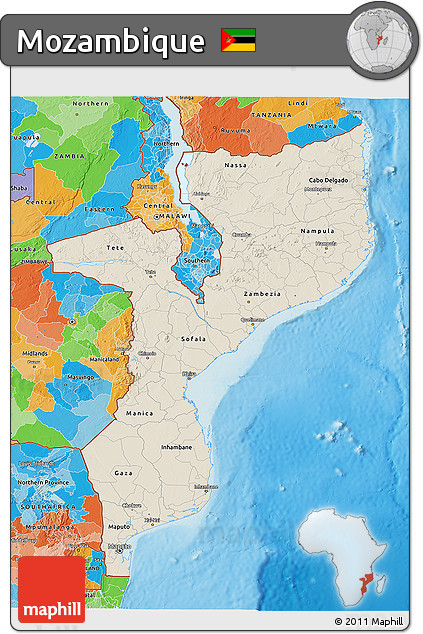 Shaded Relief 3D Map of Mozambique, political outside, shaded relief sea