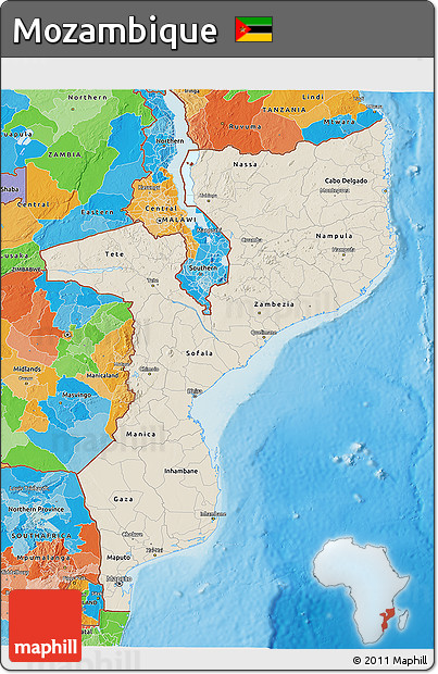 Shaded Relief 3D Map of Mozambique, political outside, shaded relief sea