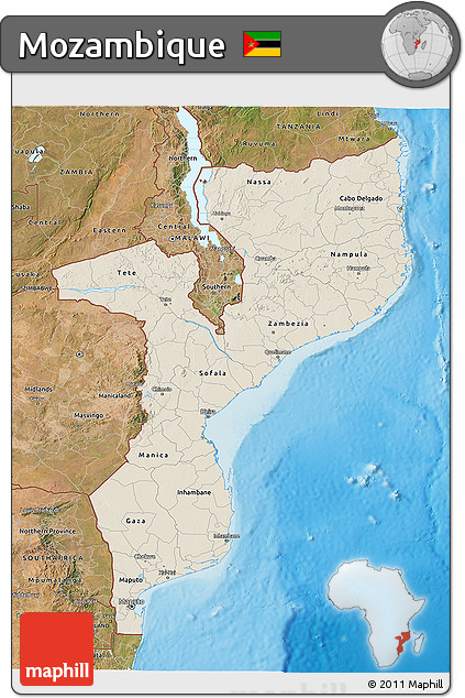 Shaded Relief 3D Map of Mozambique, satellite outside, shaded relief sea