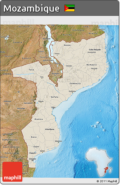 Shaded Relief 3D Map of Mozambique, satellite outside, shaded relief sea