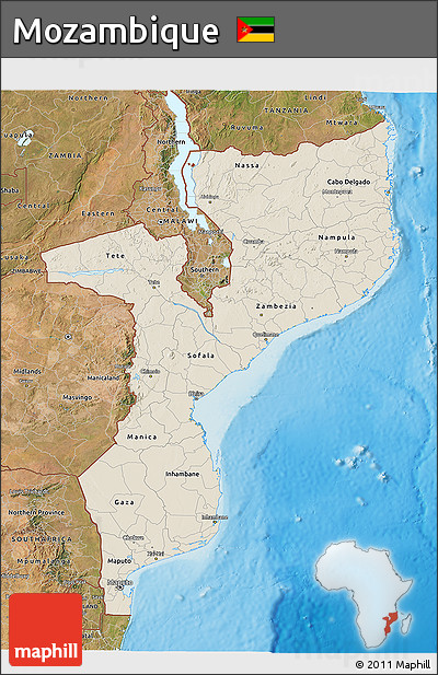 Shaded Relief 3D Map of Mozambique, satellite outside, shaded relief sea