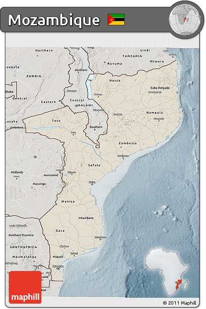 Shaded Relief 3D Map of Mozambique, semi-desaturated