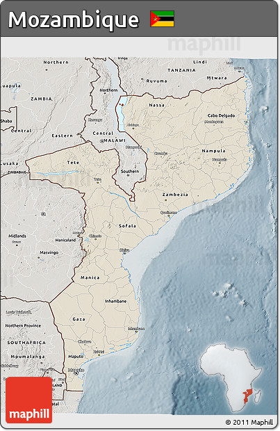 Shaded Relief 3D Map of Mozambique, semi-desaturated
