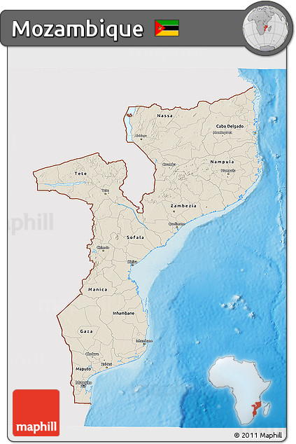Shaded Relief 3D Map of Mozambique, single color outside