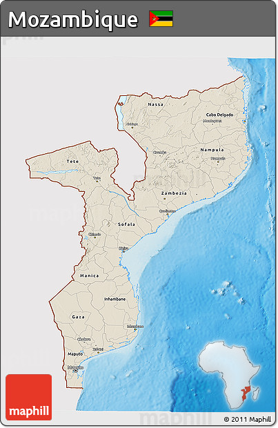 Shaded Relief 3D Map of Mozambique, single color outside