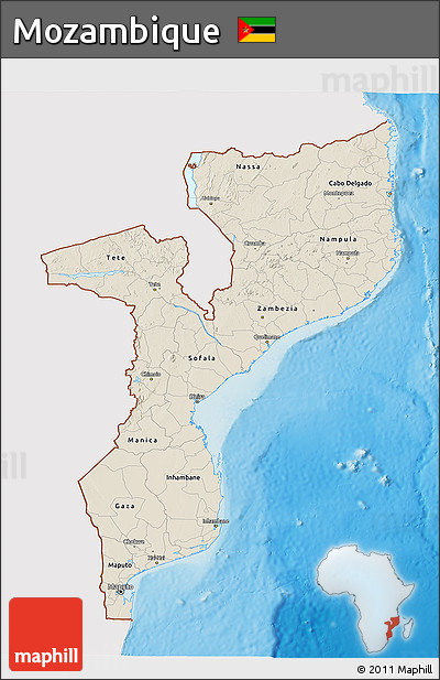 Shaded Relief 3D Map of Mozambique, single color outside