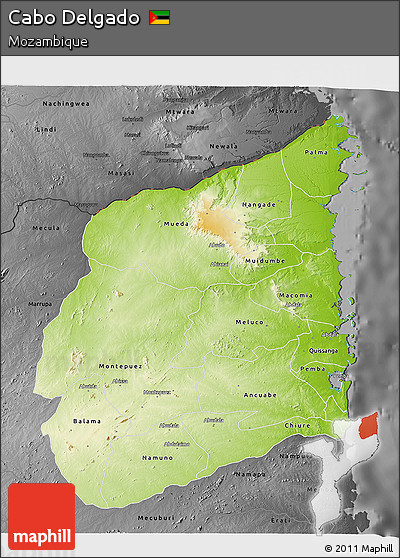 Physical 3D Map of Cabo Delgado, darken, desaturated
