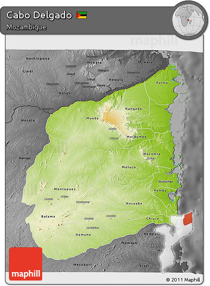 Physical 3D Map of Cabo Delgado, darken, desaturated
