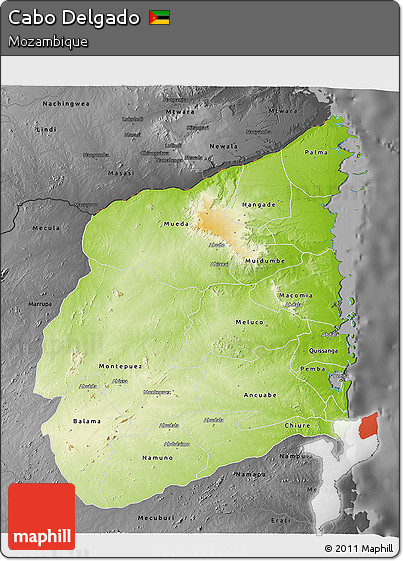 Physical 3D Map of Cabo Delgado, darken, desaturated