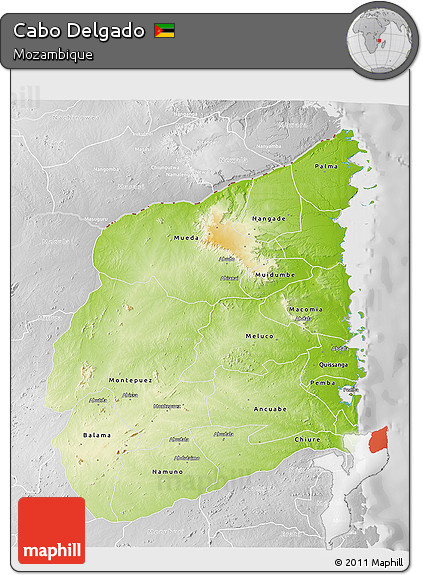 Physical 3D Map of Cabo Delgado, lighten, desaturated