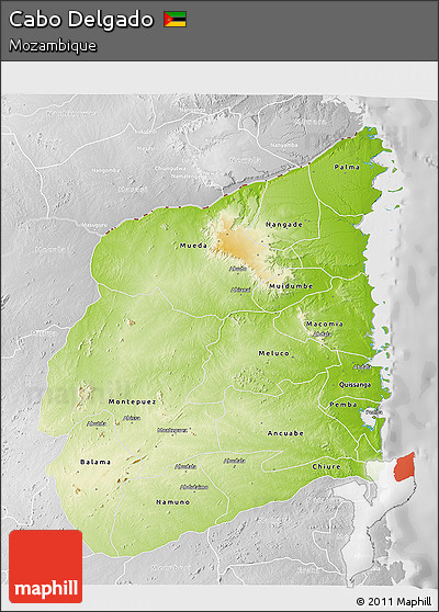 Physical 3D Map of Cabo Delgado, lighten, desaturated