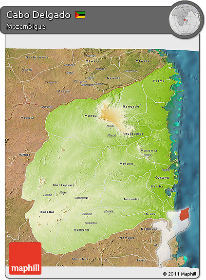 Physical 3D Map of Cabo Delgado, satellite outside