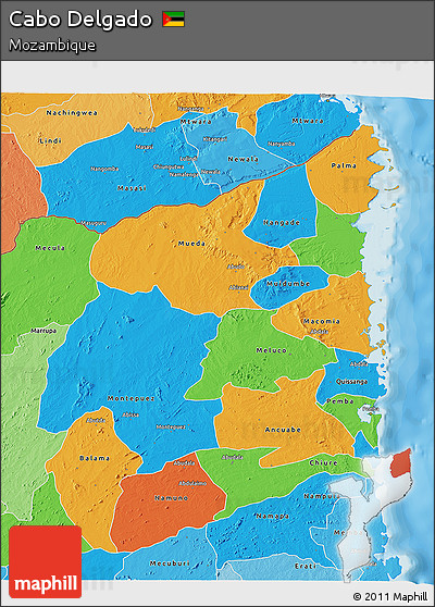 Political 3D Map of Cabo Delgado, political shades outside